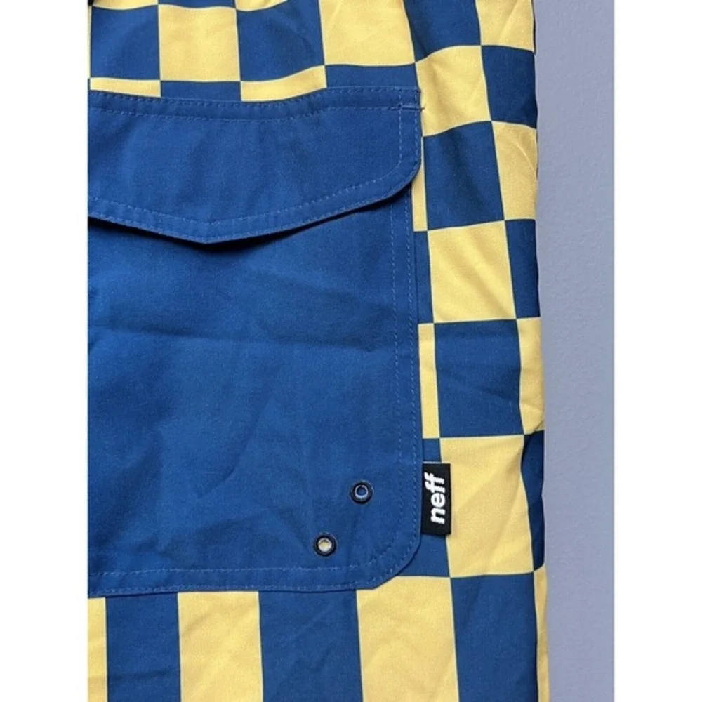 Neff Mens XL Board Shorts‎ Yellow Navy Blue Checkerboard Swim Trunks Drawstring